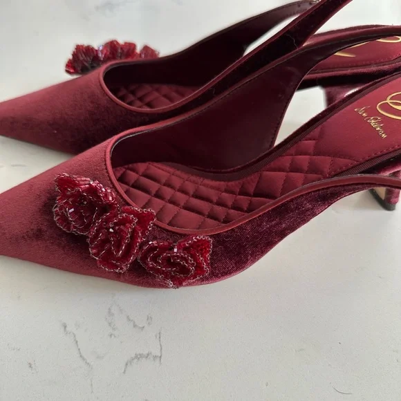 Sam Edelman Burgundy Velvet Heels with Floral Accent - Picture 3 of 5